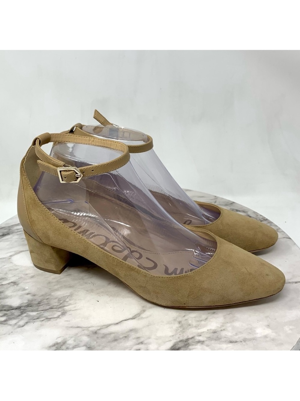 Sam Edelman Lola Suede Ankle Strap Block Heel Pumps 9 Neutral Minimalist Classic